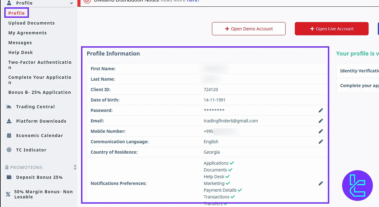 Profile management in the D Prime member area