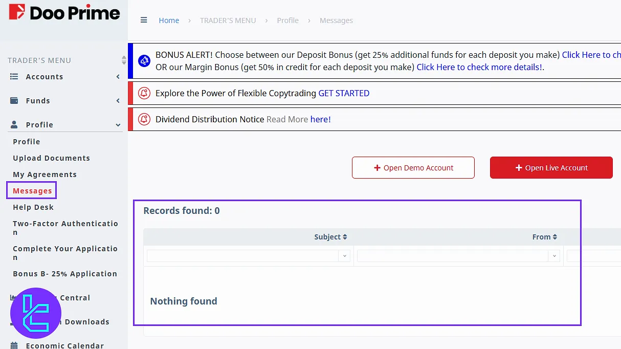 Messages section in D Prime dashboard