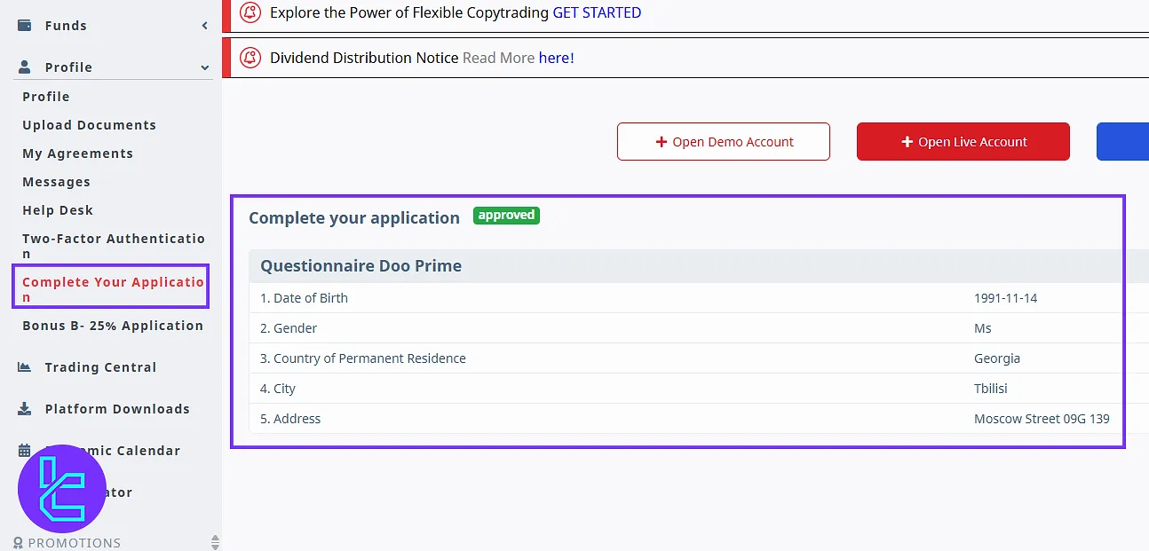 D Prime panel, account completion