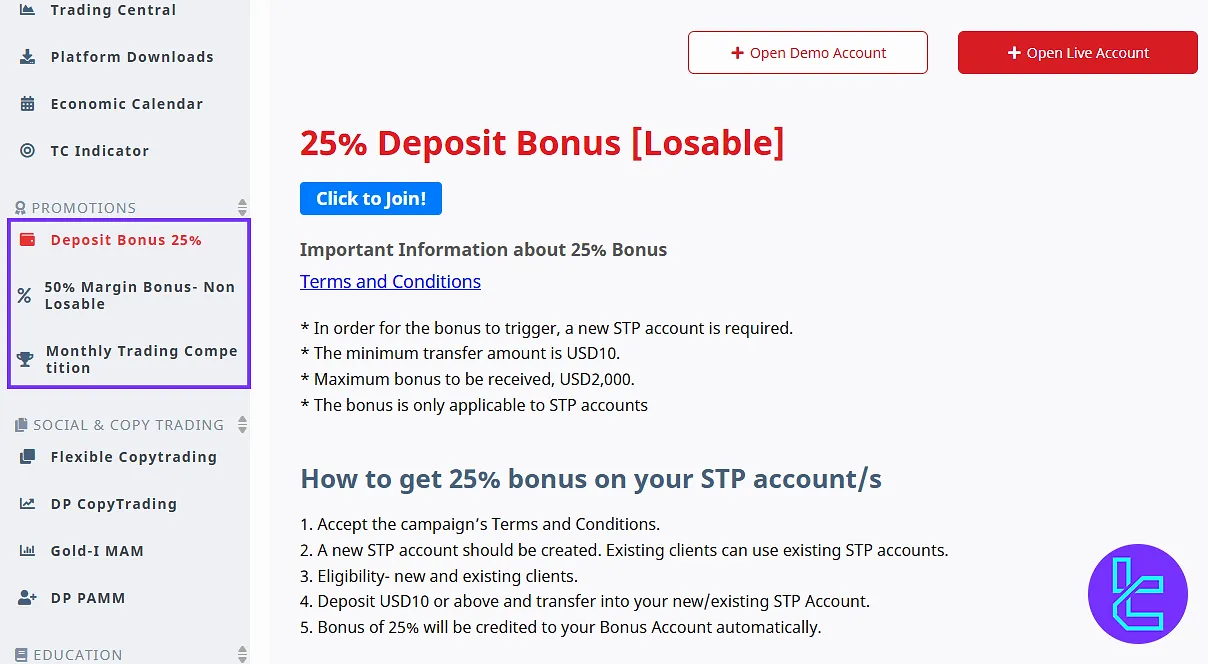 Promotions and bonuses in D Prime panel