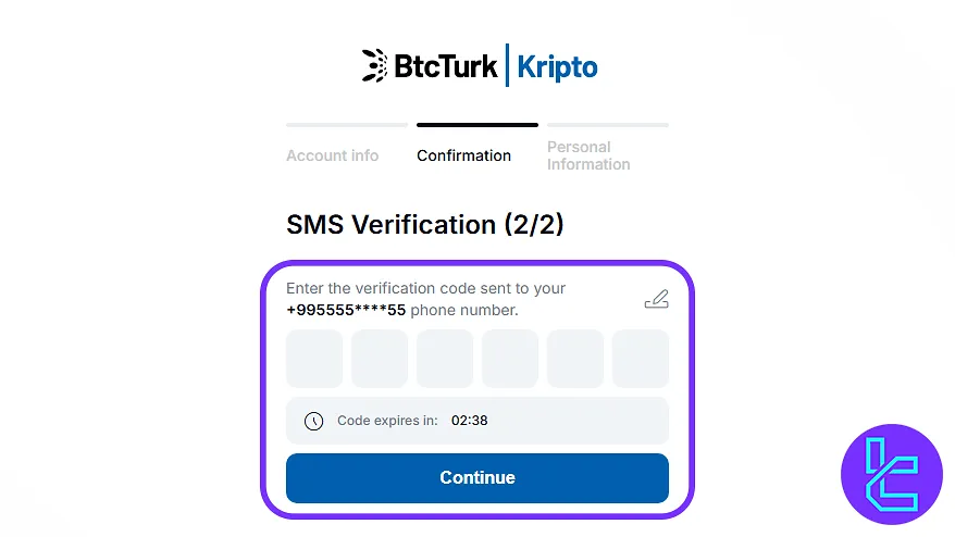 BtcTurk register SMS code verification