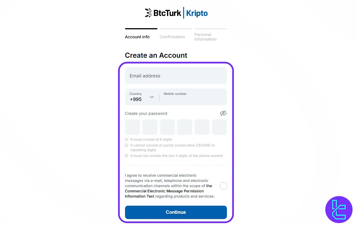 BtcTurk signup form entering email and password