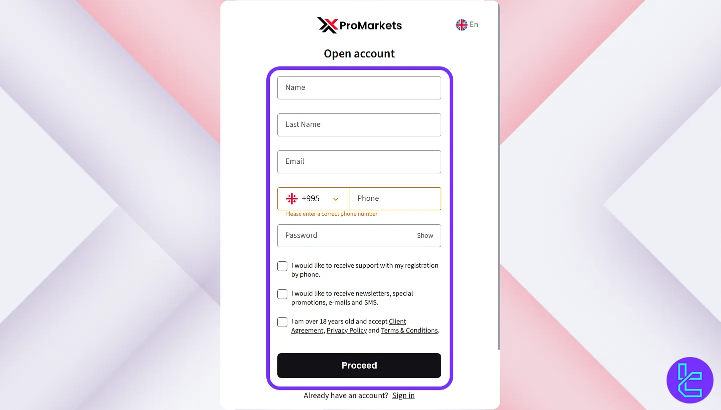 XPro Markets registration form personal details