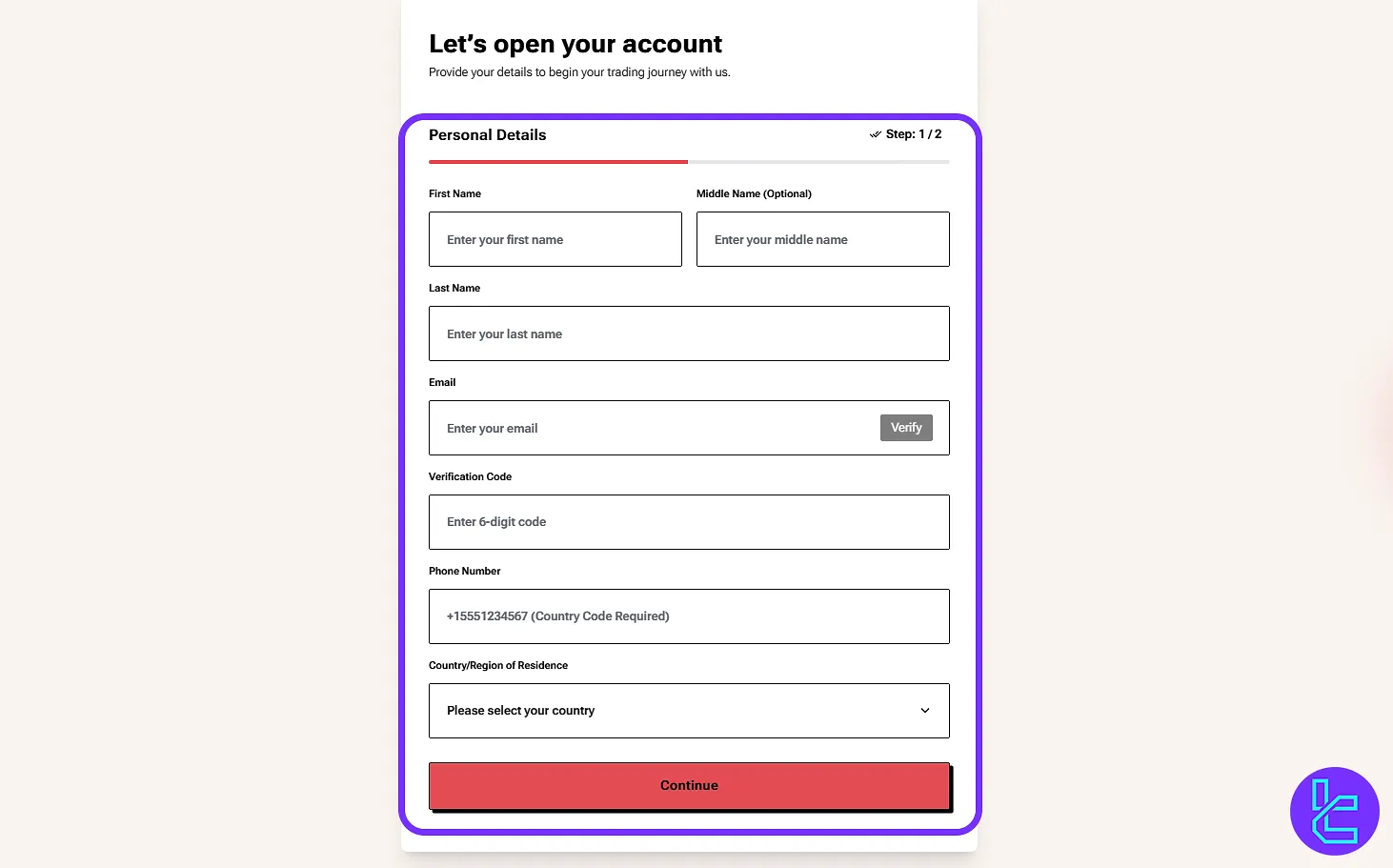 ETO Markets account setup form