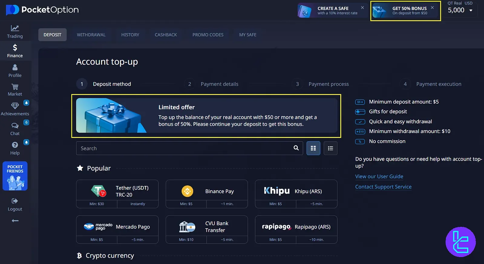 Pocket Option 50% deposit bonus