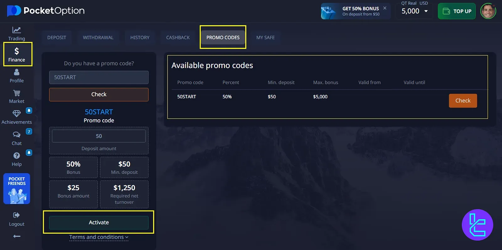 Pocket Option 50START deposit promotion