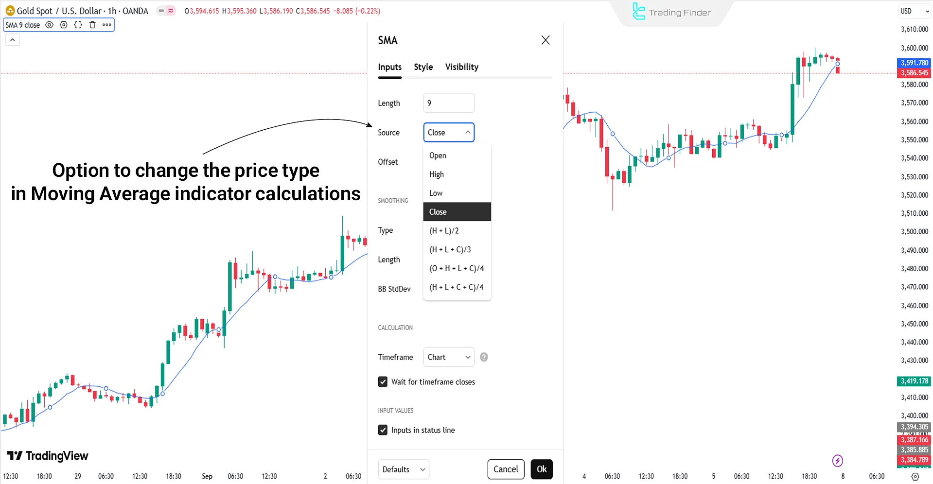 Choosing the price type in Moving Average calculations on TradingView