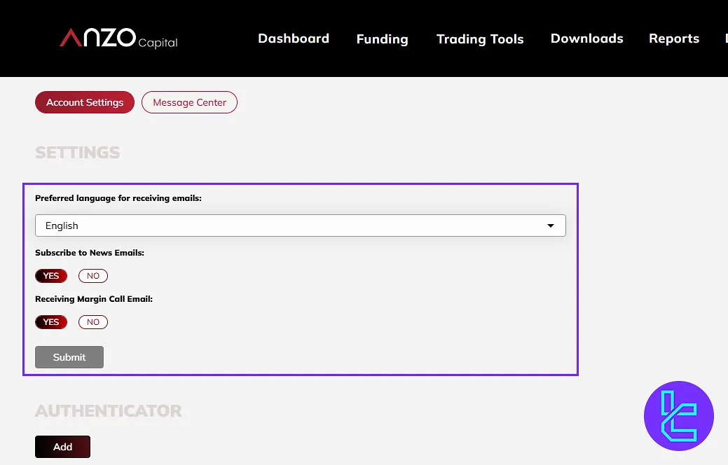 User Panel and account settings in Anzo Capital