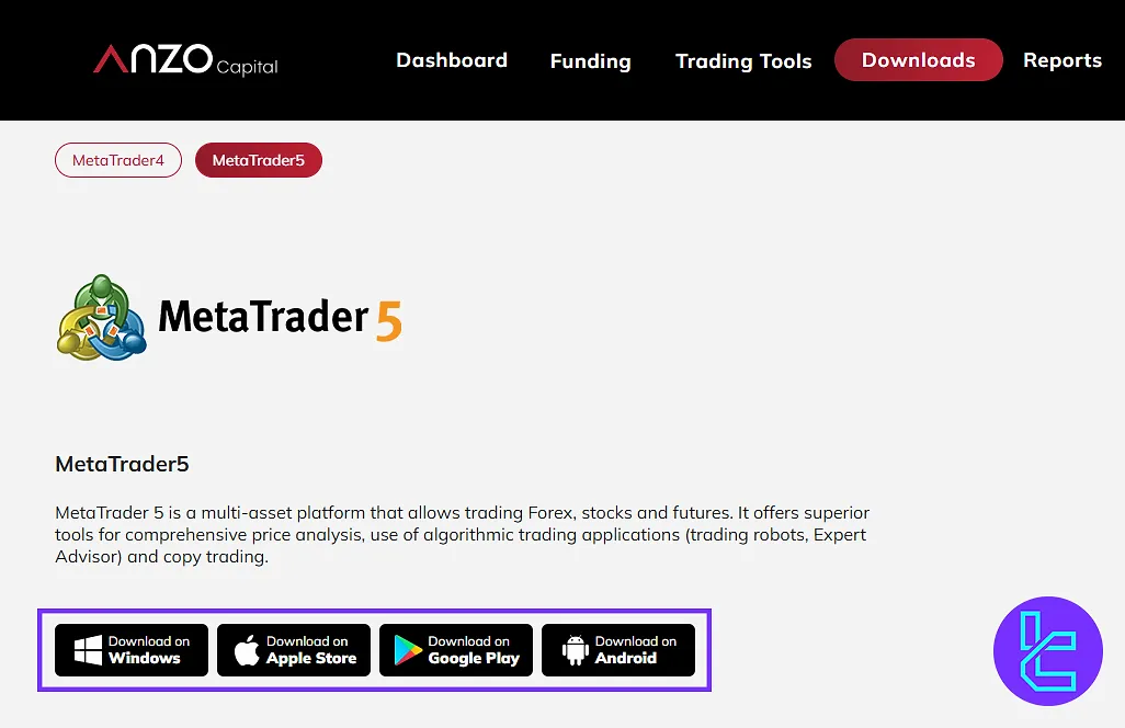Downloads MetaTrader software from the Anzo Capital user panel