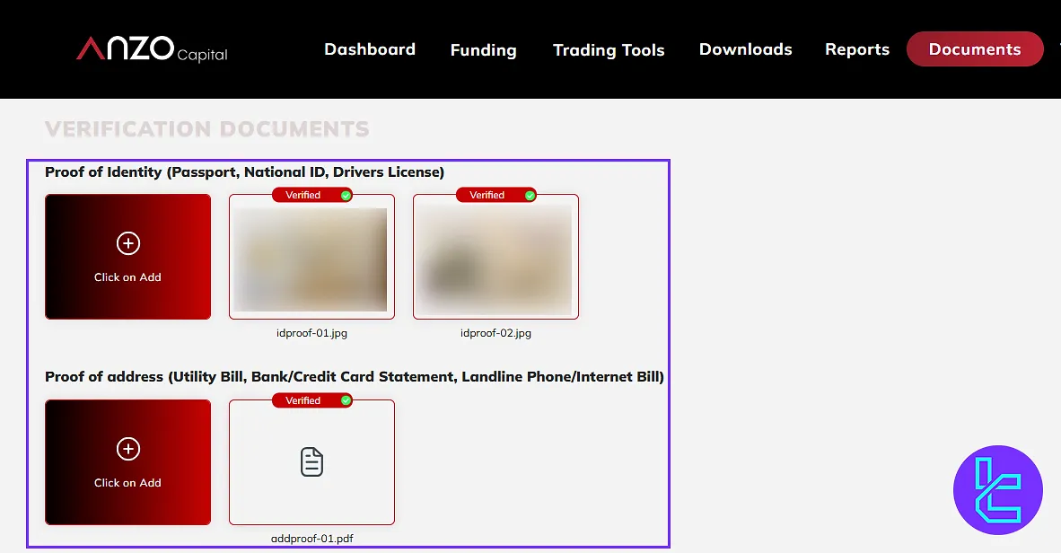 Anzo Capital dashboard, Documents, and verification