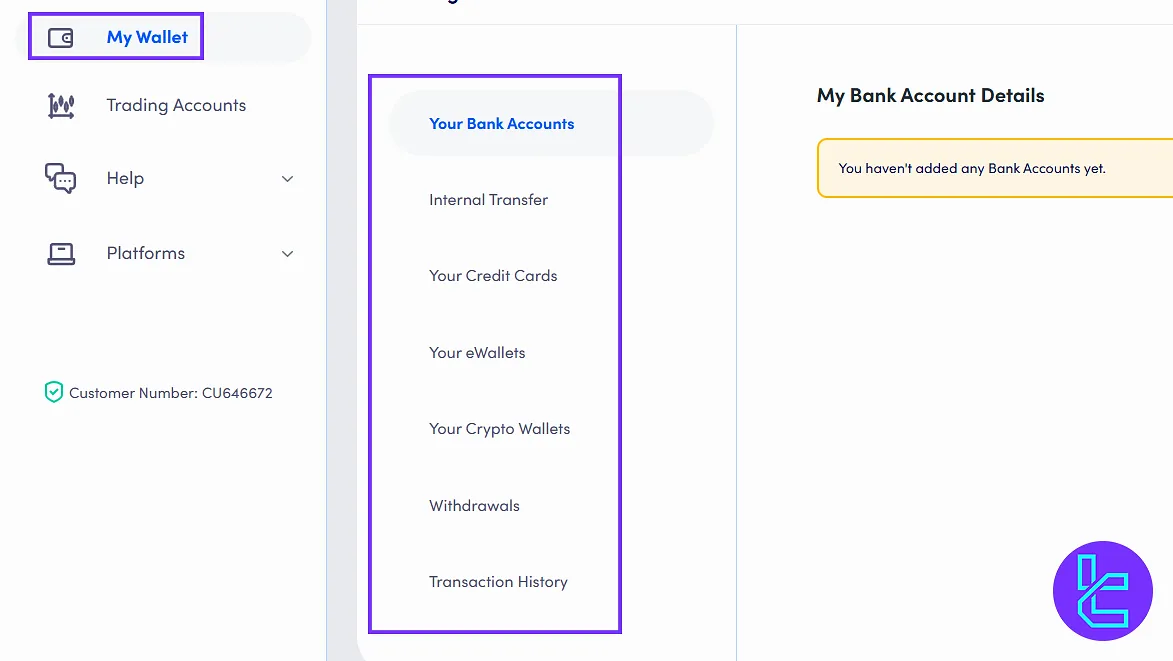 Scope Markets client portal, My Wallet options