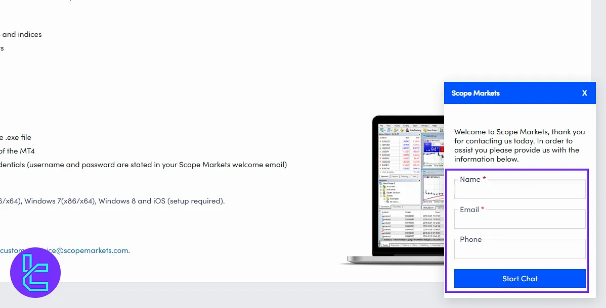 Scope Markets live chat in the user cabin