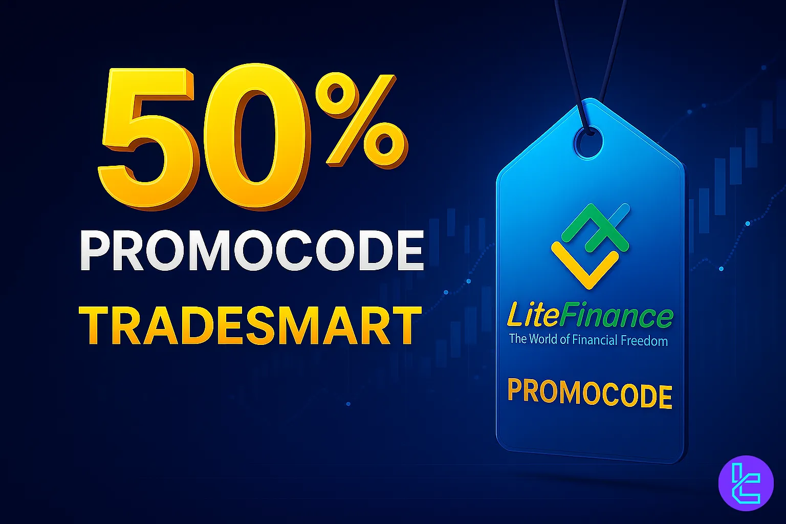 LiteFinance 50% promotion banner with green growth chart and promo code TradingFinder