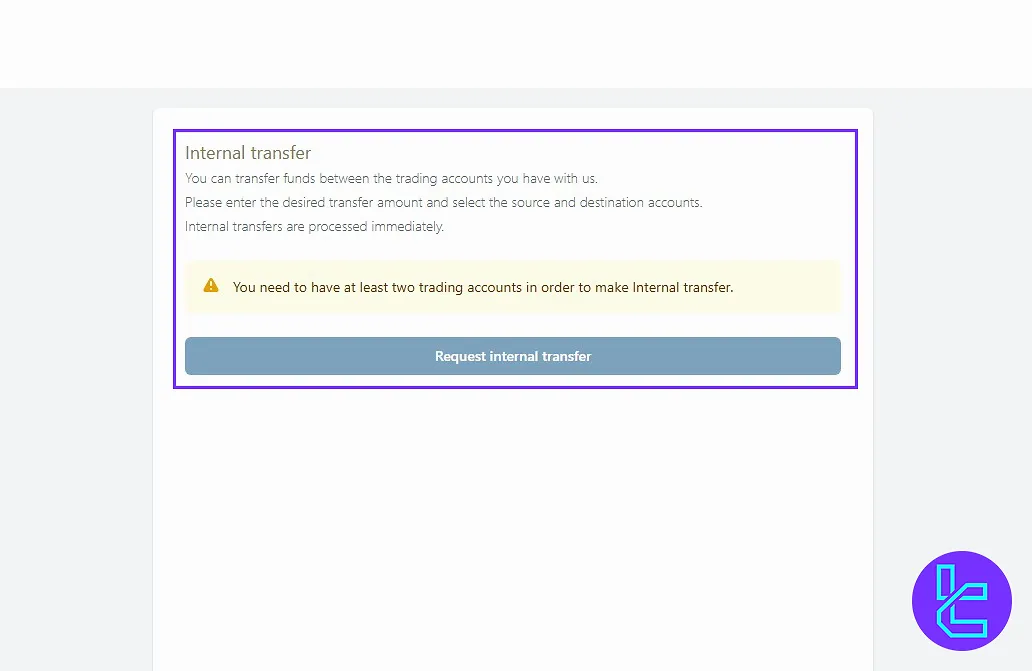 Internal Transfer section in ICM.com panel