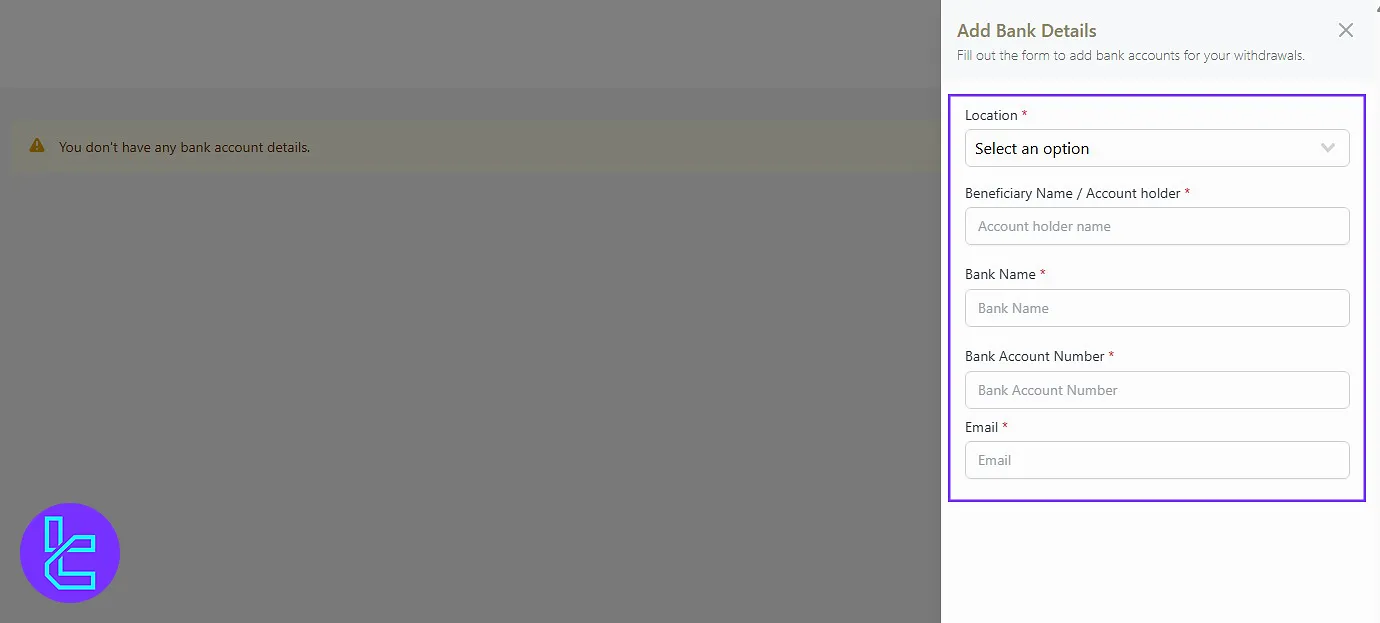 Bank Details section in the ICM.com user panel