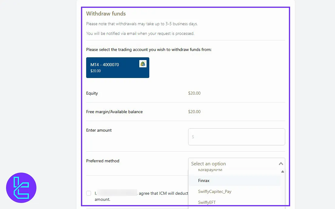 Withdraw Funds in the ICM.com client area