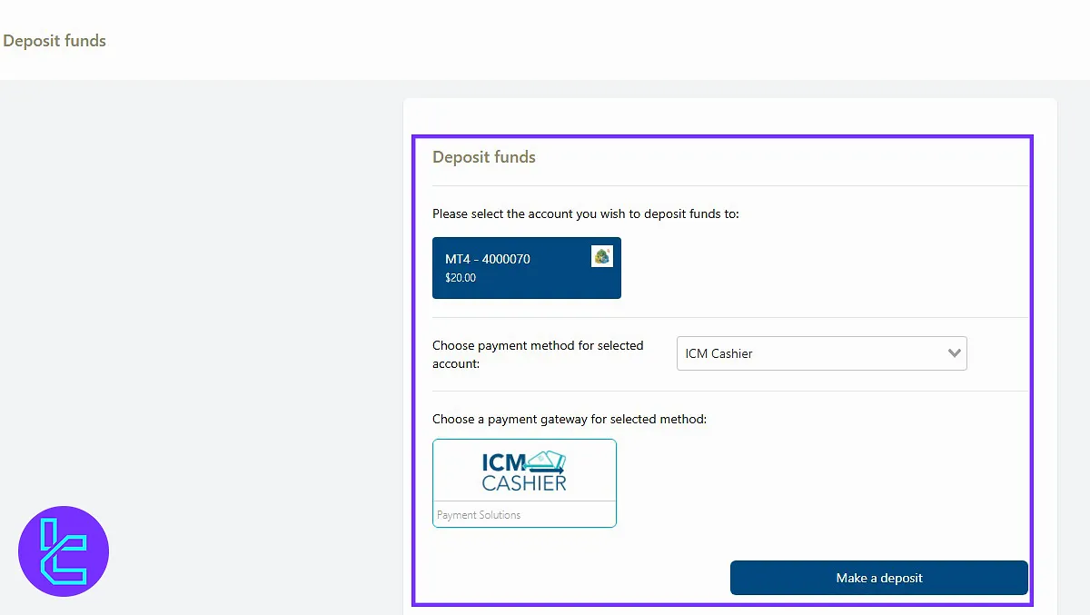 Deposit Funds section in the ICM.com dashboard