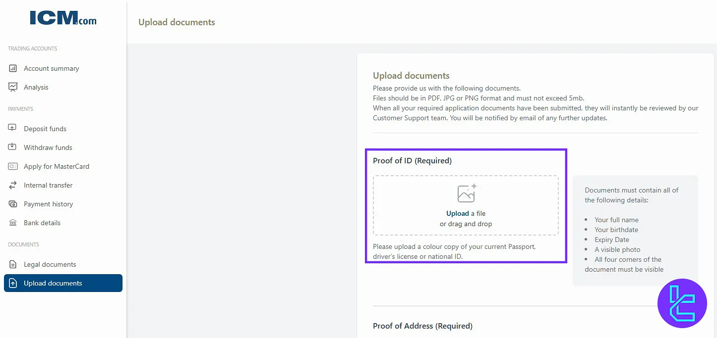 Legal and Upload Documents section in the ICM.com dashboard