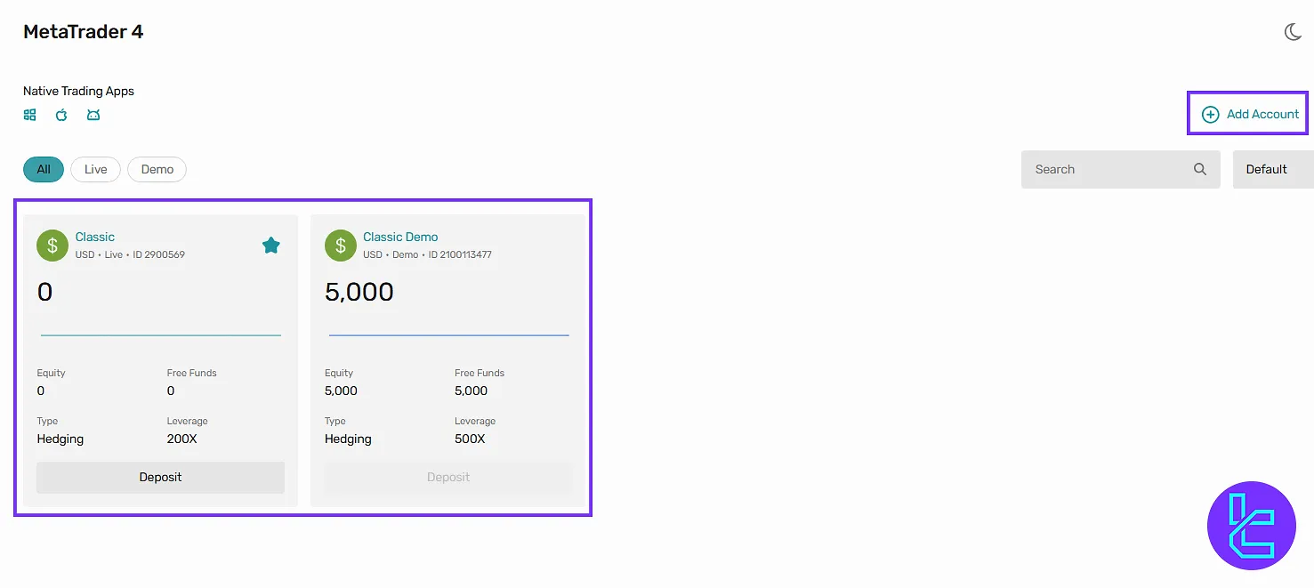 Platforms section for managing accounts in the Varianse dashboard