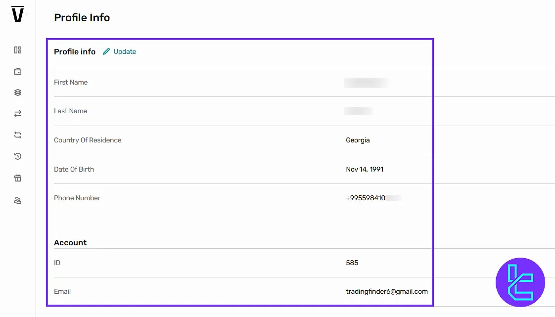 Info section in the Varianse dashboard for personal details