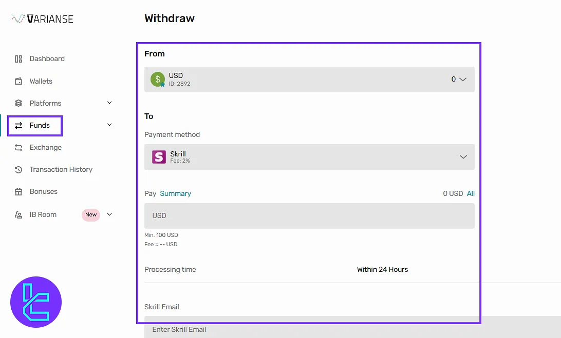 Withdrawal option in the Varianse dashboard for funds transfer