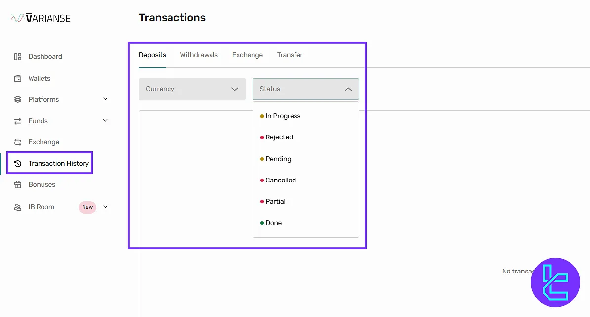 Transaction History on the Varianse member area