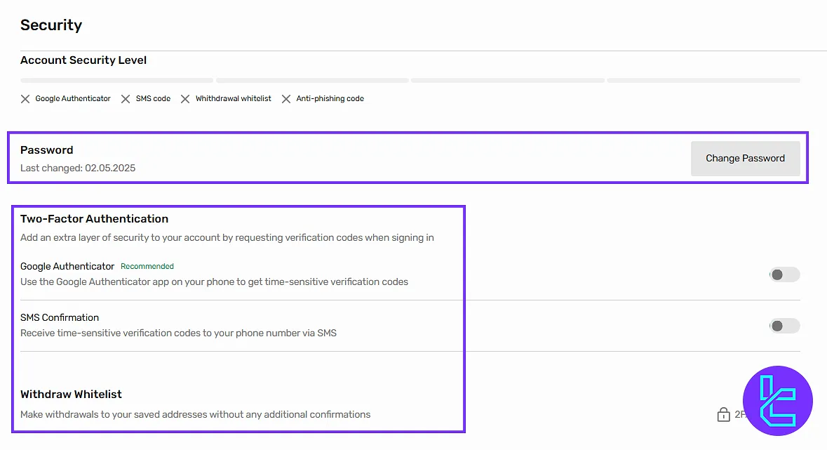 Security section in the Varianse member area with authentication settings