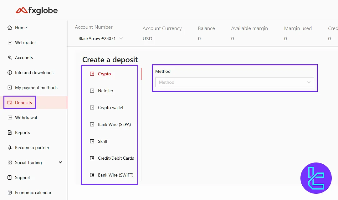 FXGlobe deposits tab with various funding options in the dashboard