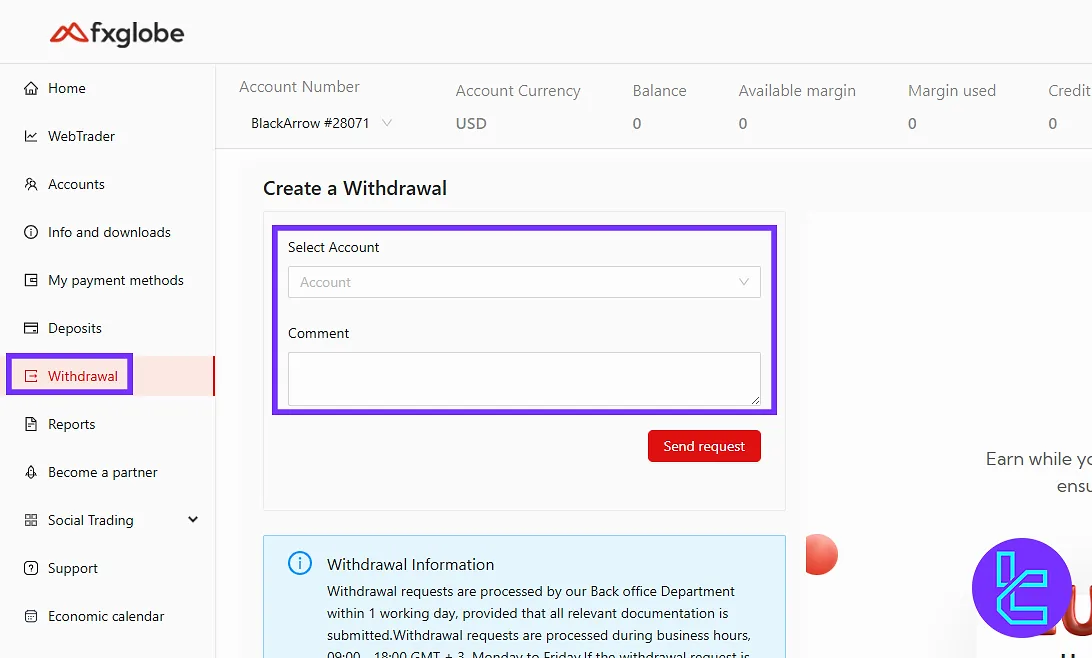 FXGlobe withdrawals tab on the client portal
