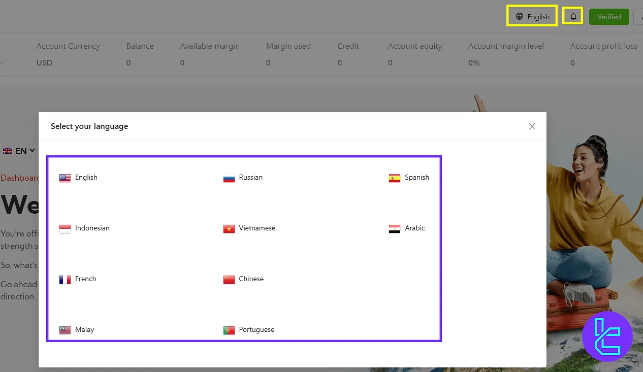 FXGlobe language selection and notifications menu inside the user panel