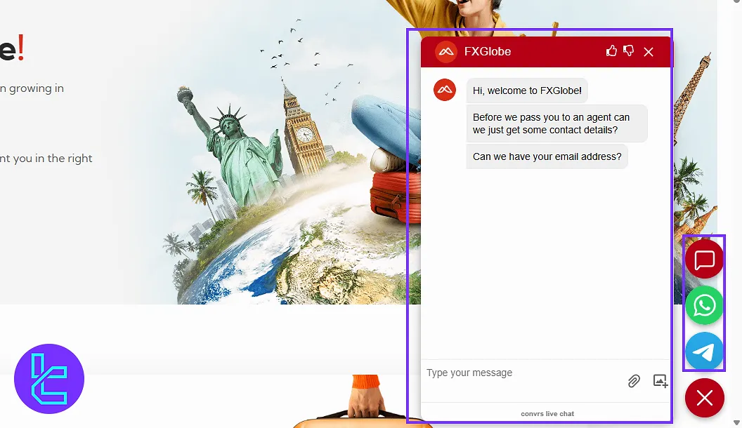 FXGlobe broker support options via Telegram, WhatsApp, and live chat on the panel