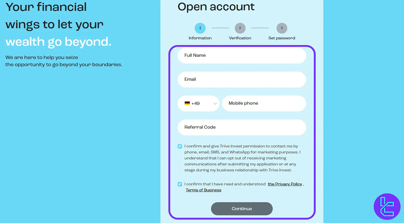 Trive Invest account setup personal details entry