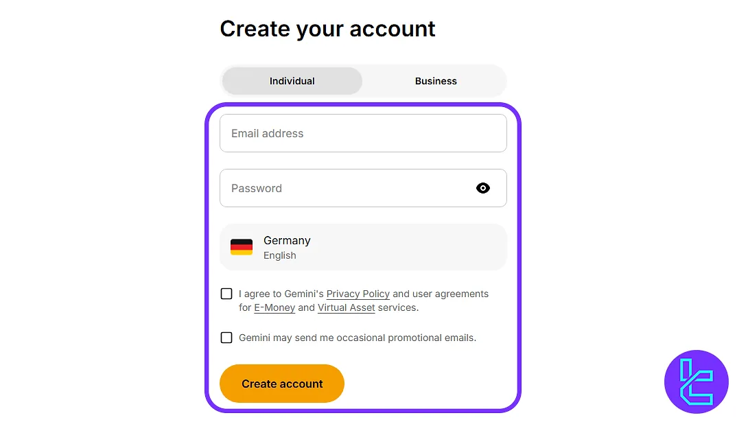 Gemini exchange signup form
