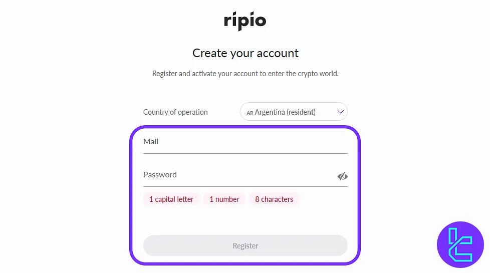 Ripio account setup email and country input