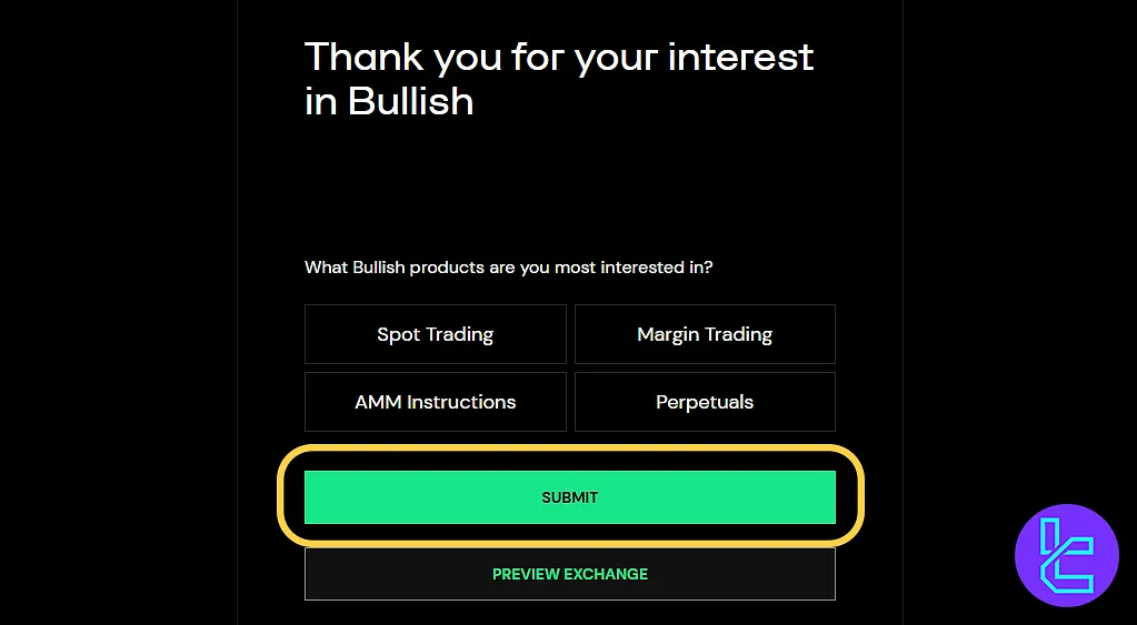 Bullish account setup product selection page