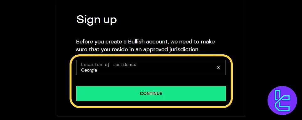 Bullish account setup country selection step