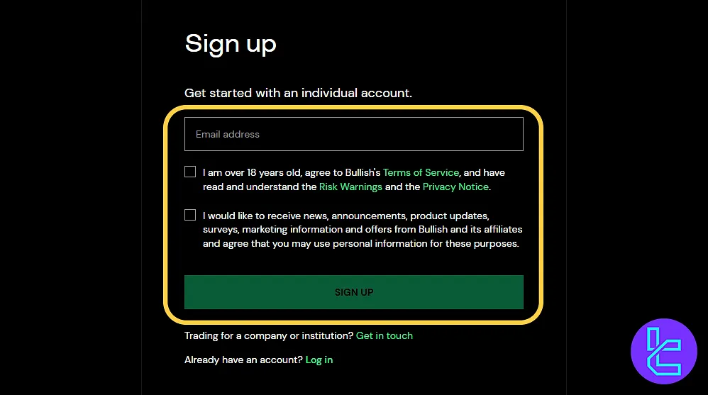 Bullish signup email entry and terms agreement