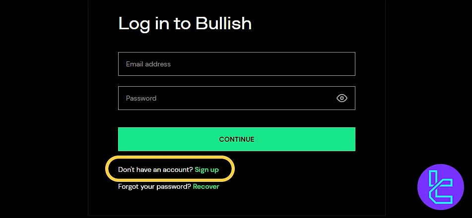 Bullish account setup sign-up form