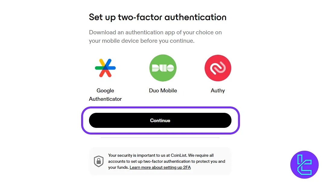 2FA account setup in CoinList signup