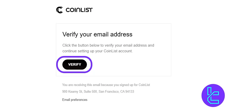 Email verification process for CoinList account setup