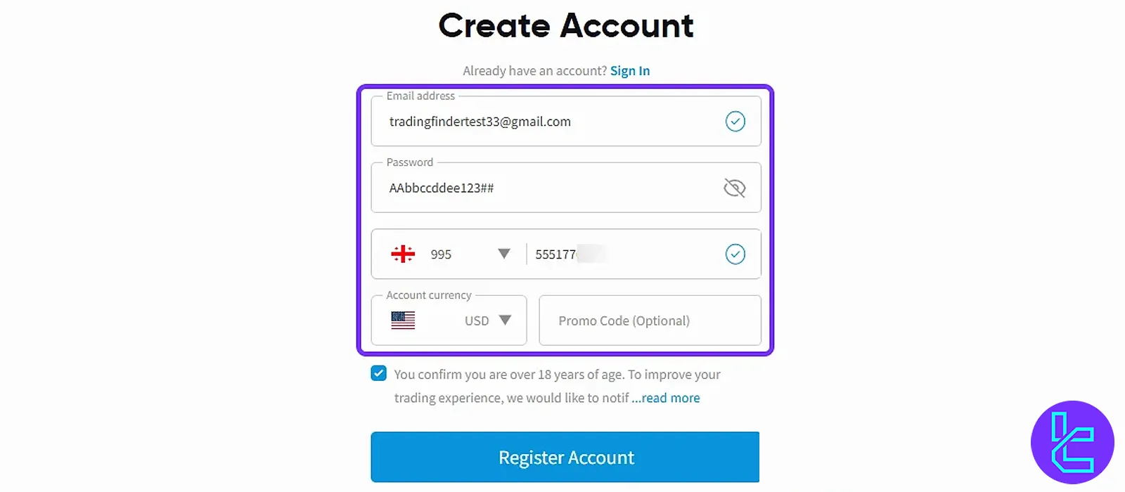CAPEX registration form filled with user details
