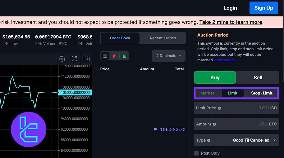 Order type options Blockchain.com