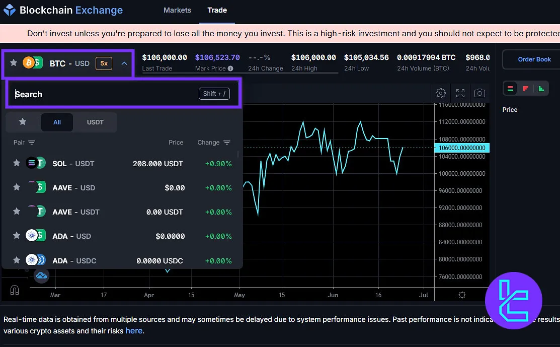 Choose a trading pair on Blockchain.com