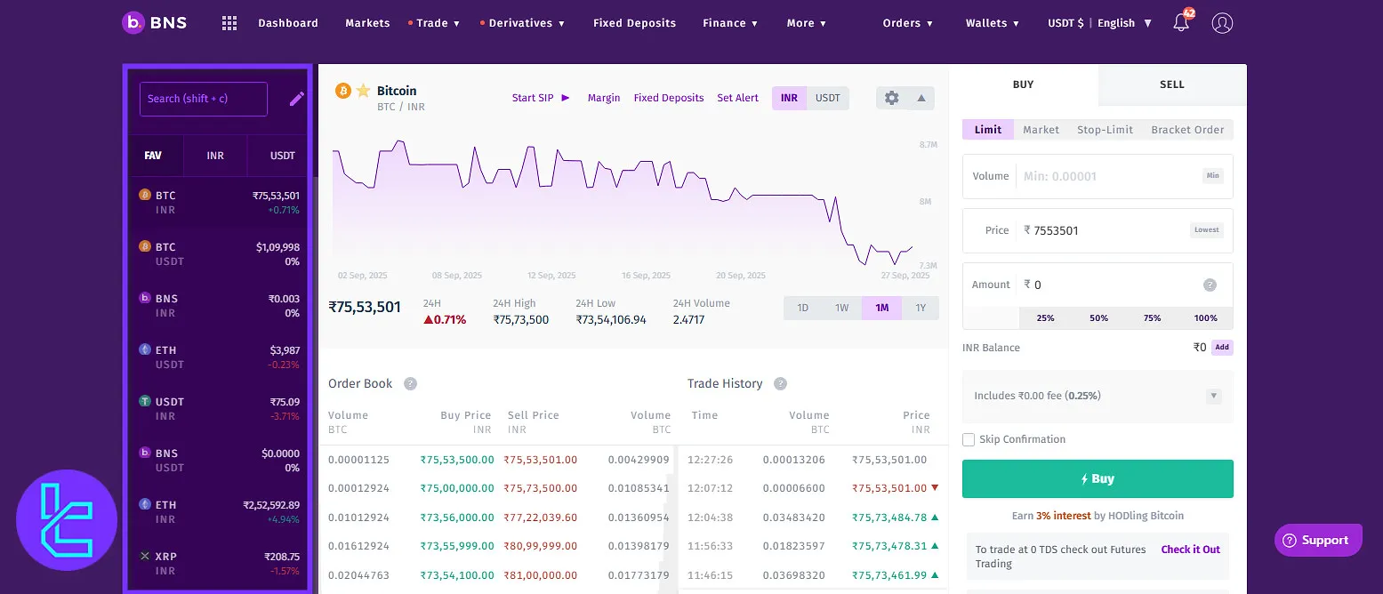 Choose a trading pair on Bitbns