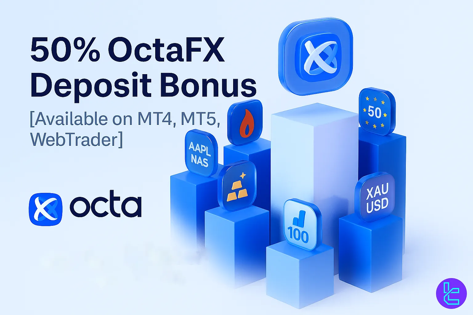 OctaFX %50 Deposit Bonus promotion on MT4, MT5, WebTrader