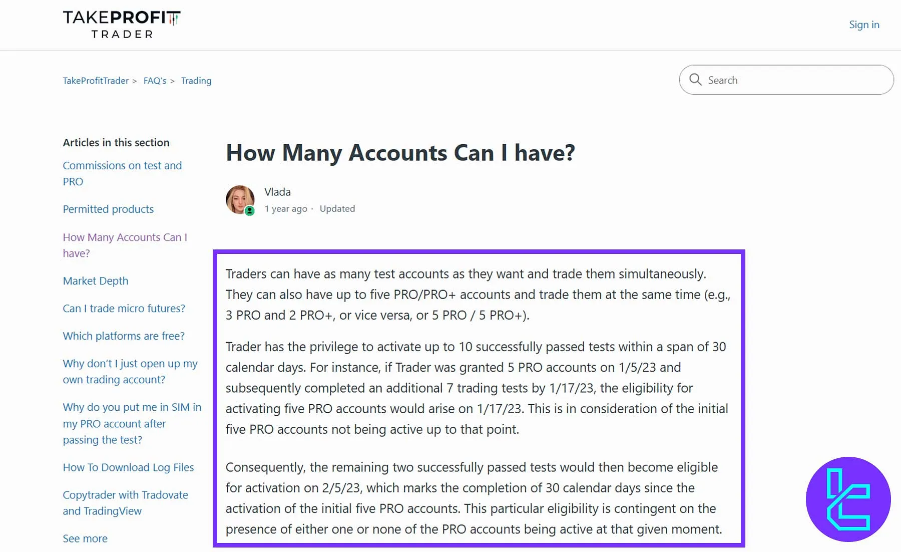 Take Profit Trader scaling structure with multiple account activation