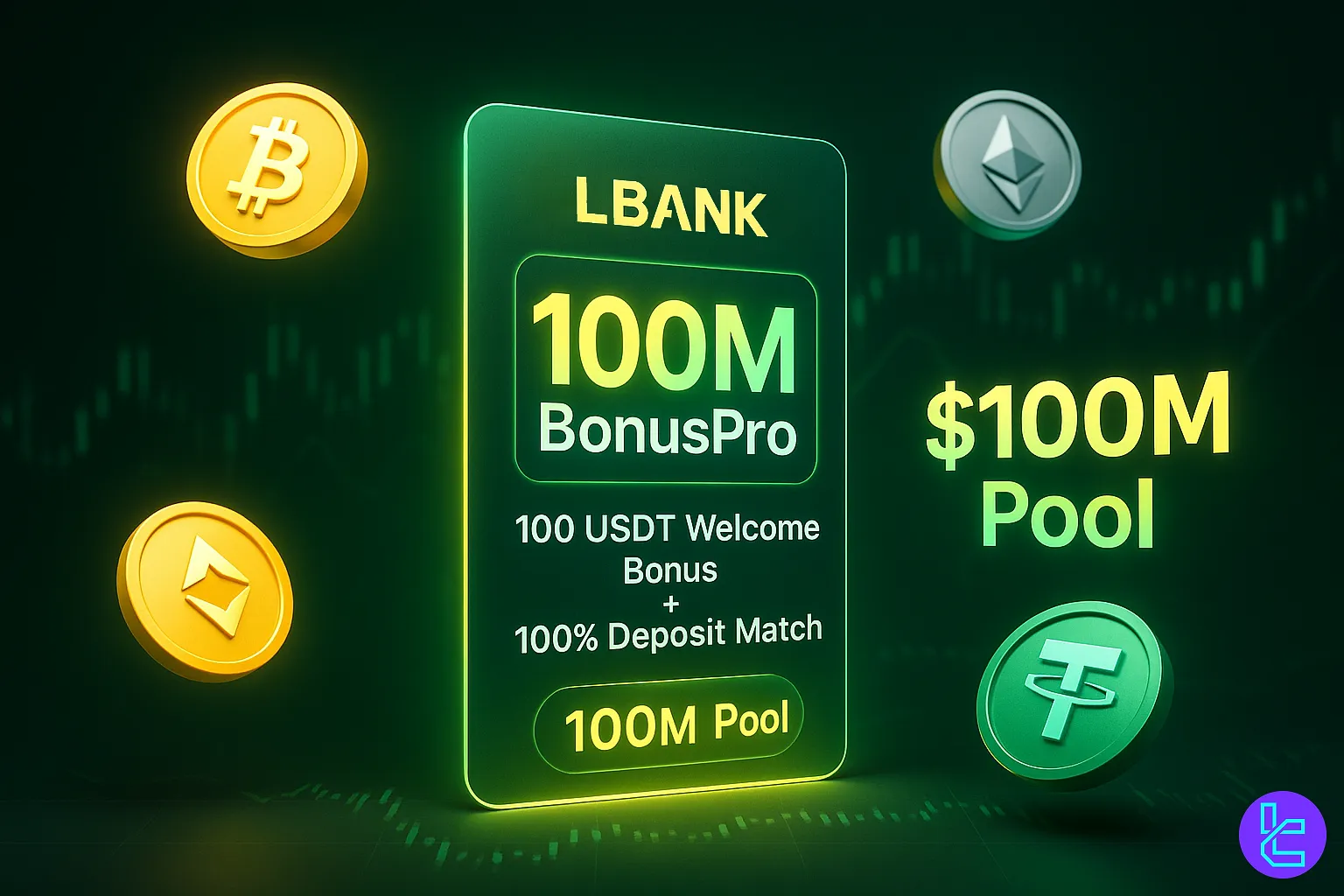 LBank 100M BonusPro promotion with 100 USDT Welcome Bonus and 100% Deposit Match.