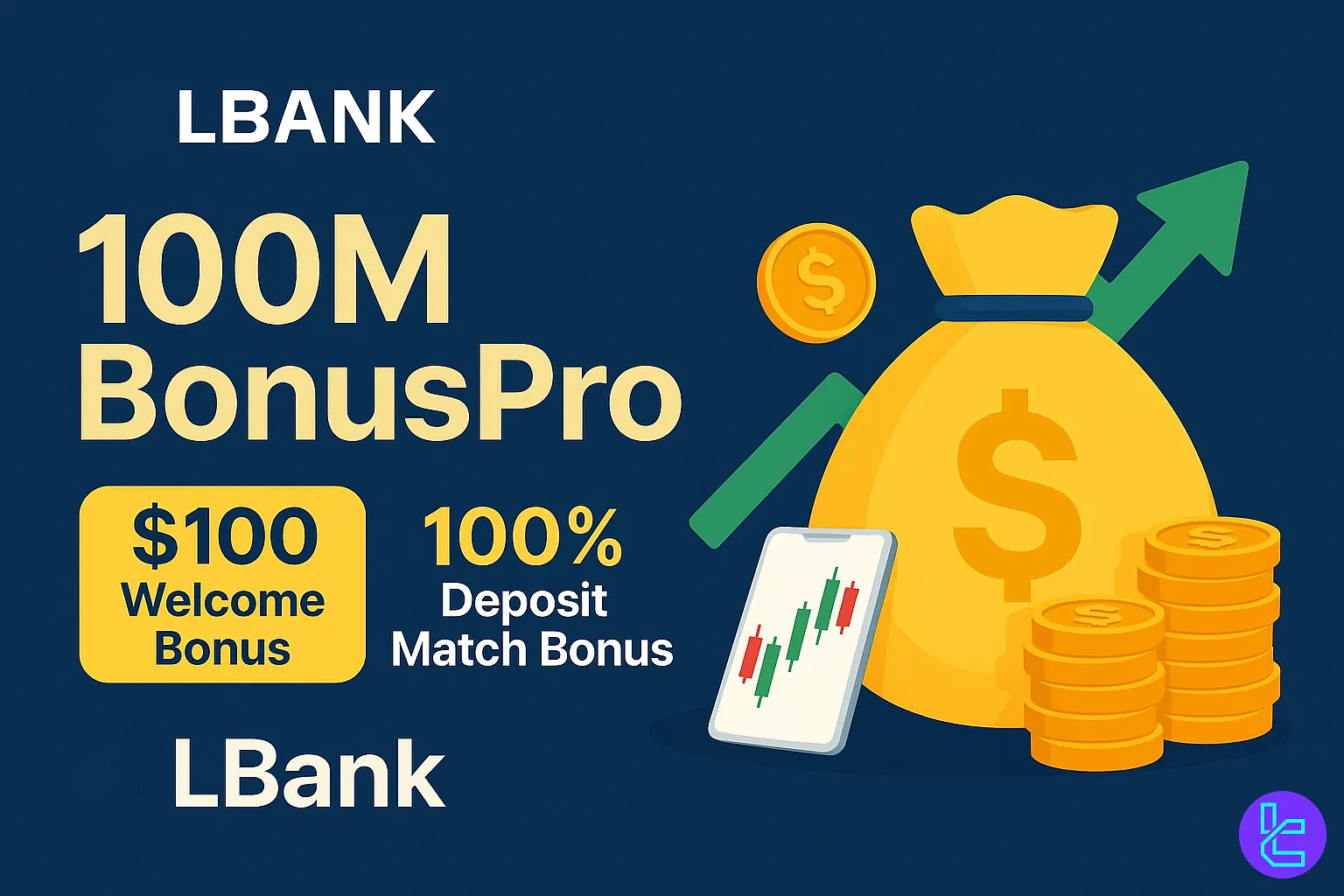 LBank promotional banner highlighting 100M BonusPro and deposit match rewards.