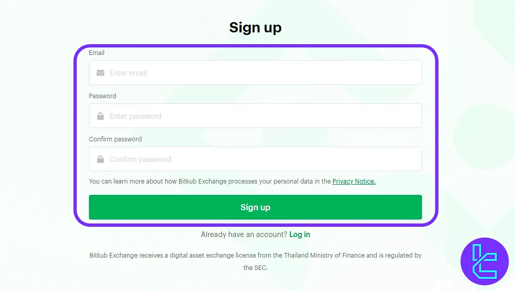 Bitkub account setup form