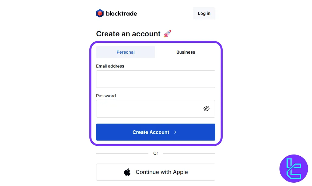 Blocktrade account setup form